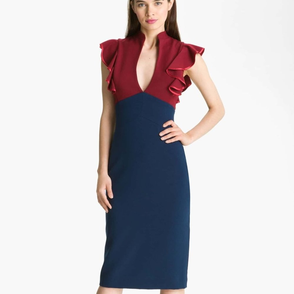 Black Halo Keyhole Ruffle Sleeve Colorblock Dress